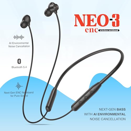 Image of Walta NEO 3 Bluetooth Neckband (in-Ear) with ENC, 45H Playback, Bluetooth 5.4, Type-C Quick Charge & Powerful Bass - Black Color