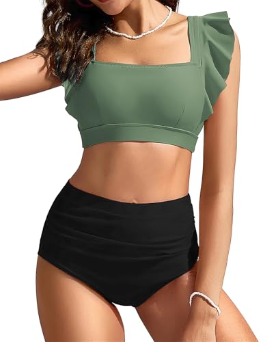 Image of Kate Kasin Womens High Waisted Bikini Sets Ruffle Tummy Control Swimsuits Full Coverage Cheeky Two Piece Bathing Suit