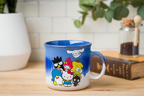 Silver Buffalo Sanrio Hello Kitty and Friends Featuring Chococat, Tuxedo Sam, Badtz-Maru, My Melody, Pompompurin, Keroppi, and Cinnamoroll Reactive Glaze Ceramic Camper Mug, 20 Ounces