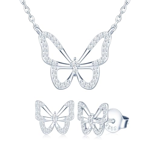 MICMIF Set di Gioielli con Farfalla in Argento 925 Collana da Donna con Farfalla & Orecchini di Farfalla, con Zirconi Bianca, Elegante Collana Orecchini Set per Donne Ragazza