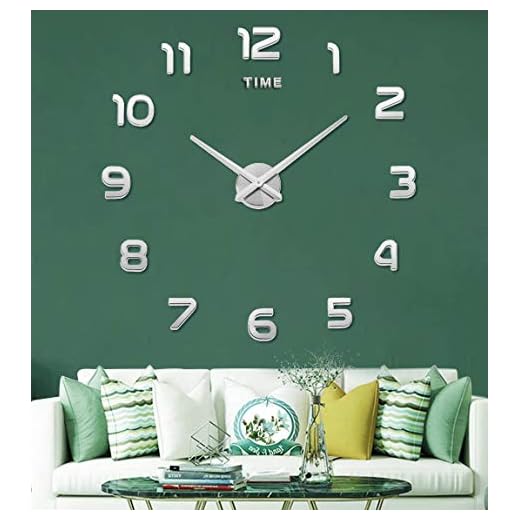 Large DIY Wall Clock, 3D Mirror Number Stickers Large Wall Clock Kit Mute Frameless Modern Design for Home Living Room Bedroom Office Decoration-Silver 002