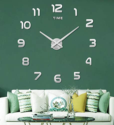 Image of Large DIY Wall Clock, 3D Mirror Number Stickers Large Wall Clock Kit Mute Frameless Modern Design for Home Living Room Bedroom Office Decoration-Silver