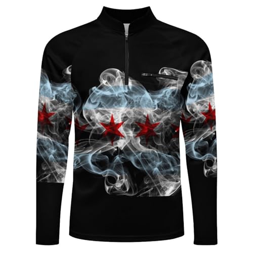 Chicago City Smoke Flag Men's Rash Guard Long Sleeves Quick Dry Fishing Workout Shirts with Zipper4