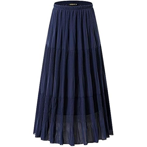NASHALYLY Women's Chiffon Elastic High Waist Pleated A-Line Flared Maxi Skirts, Blue, Small Cover