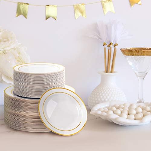 MATANA - 120 Elegant White Dinner and Dessert Party Plates with Gold Rim - Multi-use & Heat Resistant, 60 x 26cm, 60 x 19cm