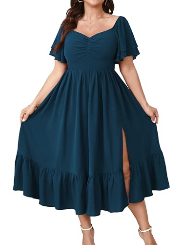 Image of SCOMCHIC Womens Plus Size Wedding Guest Cocktail Dresses Sweetheart Neckline Short Sleeve Smocked Ruffle Slit Maxi Dress