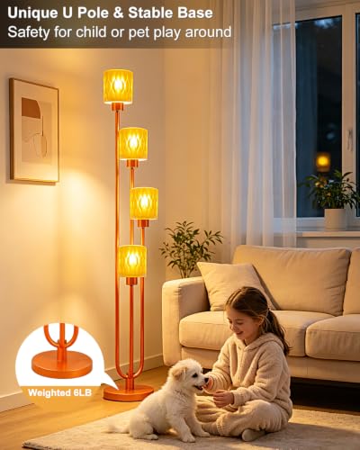 Image of Lightdot Orange Glass Floor Lamp Dimmable 4-Light Farmhouse Gold Floor Lamp | Mid Century Modern Standing Tall Lamp with 5Lbs Heavy Base for Living Room /Bedroom /Sofa Beside /Corner Decor -Bulbs Included