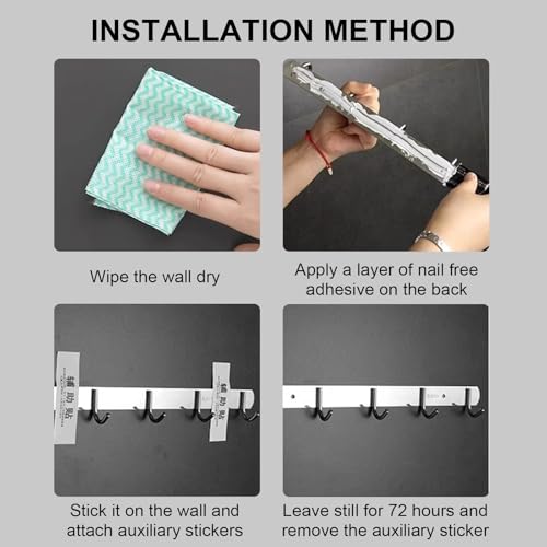 2 Stück Hakenleiste Küche, Garderobenhaken aus 304-Edelstahl, Garderobenleiste mit 6 Haken, Problemlose Installation Kleiderhaken Wand, Kleiderhaken für Küche, Badezimmer, Wohnzimmer, Flur (31cm)