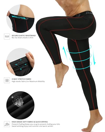 Image of Runhit Mens Compression Pants Running Tights Pockets Sports Leggings Spandex Workout Cycling Athletic Thermal