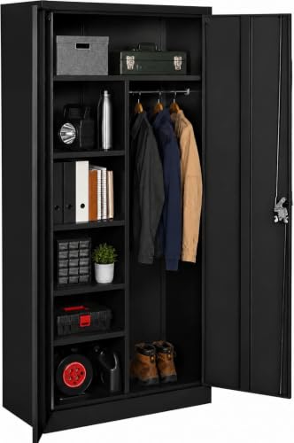 LORVIK Armario Metálico Gris con Cerradura – Armario de Almacenamiento Multiusos con Puertas Dobles, Gran Capacidad y Diseño Resistente para Oficina, Hogar y Archivo (Negro, con Barra)