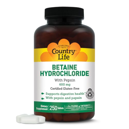 Country Life Betaine Hydrochloride with pepsin 600 mg - 250 Tablets