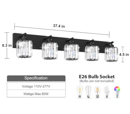 Image of Black Crystal Bathroom Vanity Light, 5-Light Modern Bathroom Lighting Fixtures Over Mirror, Matte Black Wall Sconce Light Fixtures with Round Shade