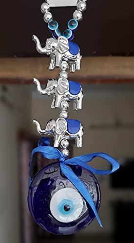 Image of Reiki Crystal 3 Elephant Wall Hanging Fengshui for Prosperity, Good Luck, Evil Eye Protection, Home, Office, Car, Door, Gift - Blue and Silver
