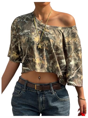 SOLY HUX Women's Y2k Camo T Shirt Off The Shoulder Half Sleeve Y2k Crop Tops Streetwear Summer T Shirt