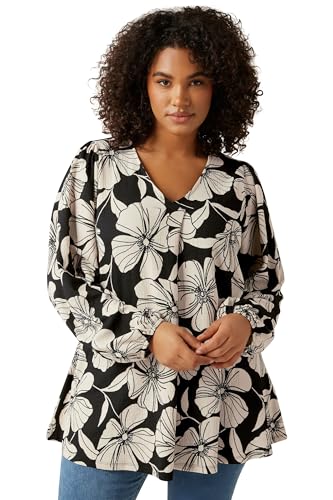 EVANS Curve Contrast Floral Jersey Crepe Top - Women's - Plus Size Curve Black