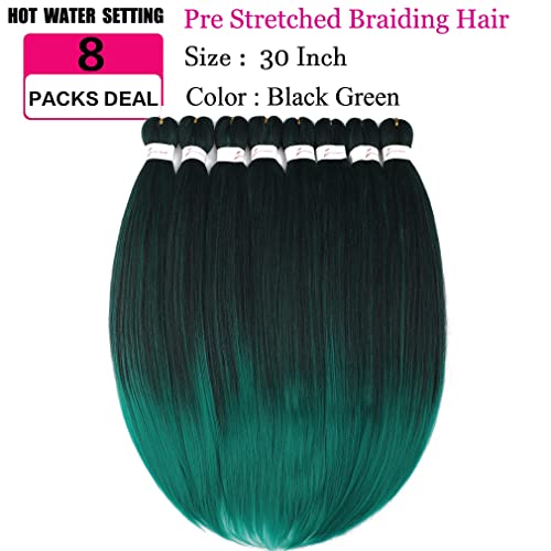 Pre Stretched Braiding Hair 30 Inch 8 Packs Professional Hair Extensions Synthetic Braid Hair Crochet Braids Soft Yaki Texture Hot Water Setting(30",Mixed Black & Green) #TOP1