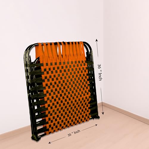 Image of Casa Copenhagen, Portable Single Folding Bed Heavy Duty Metal Cot Khat for Sleeping Bed Space Saving Design Sturdy Synthetic Niwar feet - Orange & Jet Black