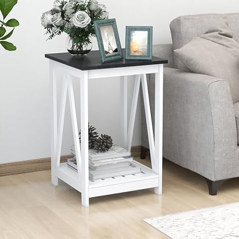 UYIHOME Farmhouse Square End Table, Accent Side Table with Slats Design, Sofa Side Nightstand Table with Sturdy Frame for Living Room Bedroom, Oak Black Cover