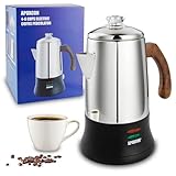 APOXCON Electric Coffee Percolator Stainless Steel Coffee Maker with Tough Glass Clear Brew Progress Knob & On/OFF Switch Keep Warm Cordless Serve for Home and Hotel Room Use Gift Box Packaging 6 Cup