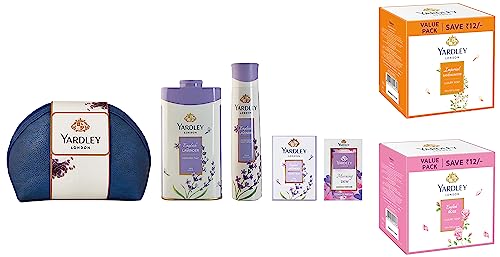 Image of Yardley London English Lavender Range Gift Kit with Free Pouch, 518 ml & Sandalwood Luxury Soap,100g (Pack Of 3) & English Rose Luxury Soap,100g (Pack Of 3)