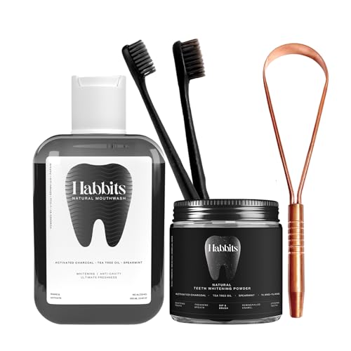 Image of Habbits Natural Oral Care Bundle | Charcoal Mouthwash + Teeth Whitening Powder + Copper Tongue Cleaner + 2 Biodegradable Toothbrushes | Vitamin Enriched SLS & Fluoride Free | FDA Certified | Combo Pack of 4