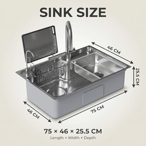 Image of InArt 304 SS Multi-Function Kitchen Sink with Pull-Down Tap | Anti-Scratch Bowl | With Soap Dispenser, Drinking Water Tap, SS Cutting Board, Strainer Basket & Full Drain Pipe Set | 75x46x25.5 CM
