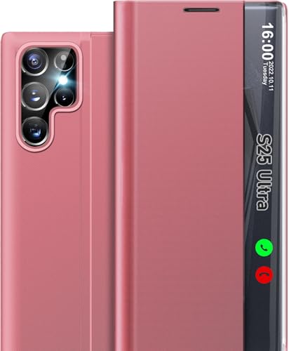 Coque S25 Ultra avec fenêtre transparente miroir et rabat rose