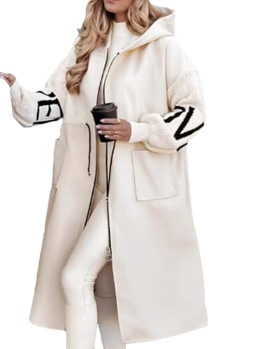 shownicer Damen Mantel Herbst Winter Lang Warm Mantel Elegant Einfarbige Patchwork-Jacke mit Gestrickten Ärmeln Lange Jacke Outwear A Weiß L