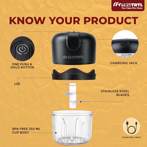 Image of Mr. TRU Smart Electric Mini Chopper for Kitchen | 1200 mAh Battery | Portable Food Processor for Onion, Tomato, Nuts & Vegetable | Multipurpose Cutter | 1 Year Warranty | 250ml (Black)