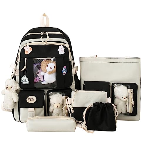 5PCS Kawaii Backpack Set with Cute Pendant and Pins Cute Aesthetic Bookbag Casual Daypack 15.6in Laptop Bag (Black,One Size)