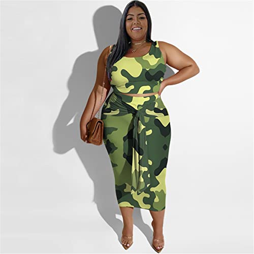 Image of Plus Size Women 2 Piece Outfits Sets Sexy Tracksuit Midi Dress,Sleeveless Tank Top Bodycon Skirts Set Casual Summer