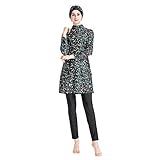 Women Printed Floral Muslim Swimwear Muslimah Islamic Swimsuit Swim Surf Wear Burkini (XL, Black)