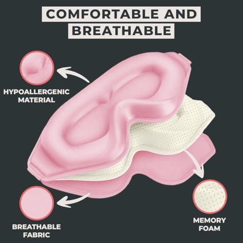 Image of FlyHugz 3D Travel & Home Sleep Mask|Ultra-Soft, 100% Light-Blocking Eye Mask for Deeper Sleep,Adjustable Strap with Nose Bridge Design|Perfect for Travel and Insomnia (Pink)