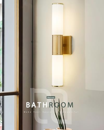 Image of Bathroom Light Fixtures Set of 2, 2 Light Vanity Lights for Mirror with Milk Glass Shade, Up and Down Wall Sconces for Bathroom Bedroom Hallway, Brushed Gold, VL834-BG-ML-2PK