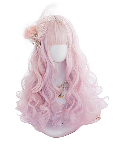 Filuckyve 19.7" Long Cosplay Wig With Bangs Wavy Harajuku Cute Daily Halloween Party Women Girls Hair Halloween Birthday Gifts(Mixed Pink) #TOP6