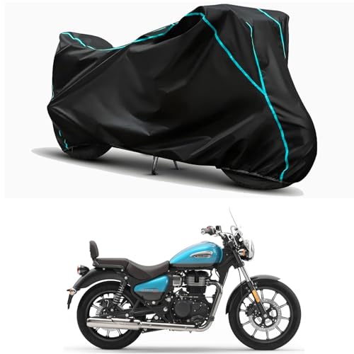 Image of Waterproof Bike Body Cover Compatible for | Royal Enfie Meteor 350 Supernova | Taffeta Fabric, Sky Piping Design, Bottom Elastic Fit | Dustproof, Sun UV & Rain Protection for All Weather.