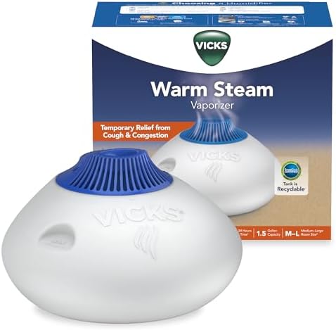 Vicks Warm Steam Vaporizer, Small to Medium Rooms, 1.5 Gallon Tank – Warm Mist Humidifier for Baby and Kids Rooms with Night Light, Works with Vicks VapoPads and VapoSteam