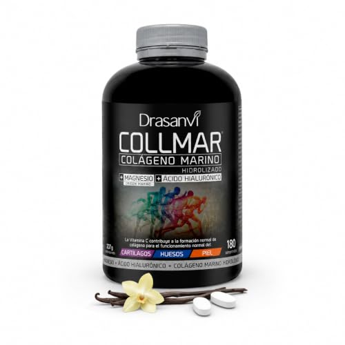 Drasanvi COLLMAR Colágeno Marino Hidrolizado con Ácido Hialurónico, Magnesio, Vitamina C natural | para cartílagos, huesos y piel | Alta dosis 3.900 mg/día | 180 comp = 30 días | Sabor vainilla