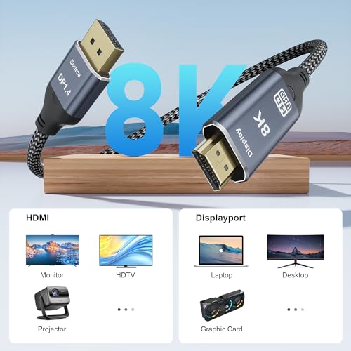 Image of 8K DisplayPort to HDMI 2.1 Cable 3.3FT 8K@60Hz 4K@120Hz Uni-Directional DP (Source) to HDMI (Display) Braided Cord DP to HDMI Compatible with PC, Dell, AMD, Lenovo, Monitor, HP