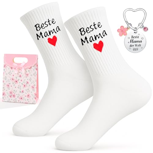 Snyvpra Beste Mama Geschenk Set - Baumwolle Socken (36-44) & Edelstahl Schlüsselanhänger mit Gravur & Geschenktüte - Muttertagsgeschenke für Mama & Geburtstagsgeschenk für Mama - Geschenk Mama