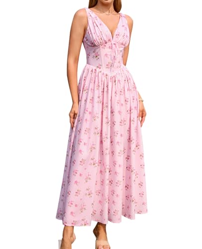 GLNEGE Floral Corset Midi Dress Milkmaid Casual V Neck Flowy A Li...