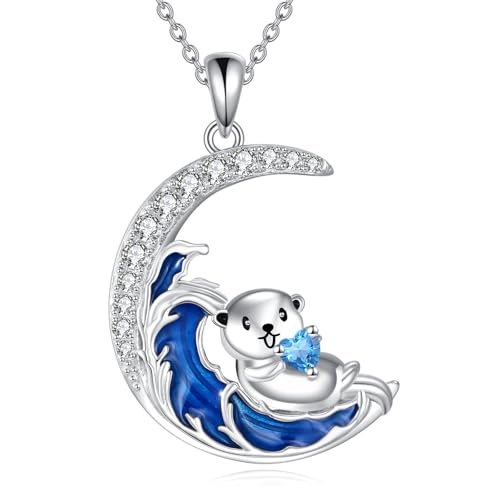 Ocean Necklace 925 Sterling Silver Octopus/Stingray Manta Ray/Otter Pendant Necklace Moonstone/Filigree/Wave Moon Sea Animal Jewelry Mothers Gifts for Women Mom Grandma