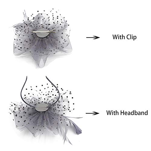 Wheebo Fascinator Hat Flower Feather Mesh Net Veil Party Wedding Headband for Women Girls (A-Gray)