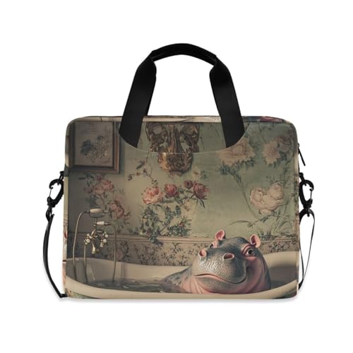 Sac bandoulière PC 15,6 pouces avec poignée et fermeture éclair - Motif Hippopotame Vintage
