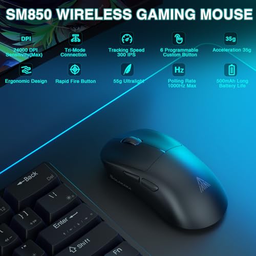 Image of SOLAKAKA SM850 Gaming Mouse Wireless, 24000 DPI, 55g Lightweight Mouse Gaming, 6 Programmable Buttons, Ergonomic Computer Mouse, Tri-Mode BT5.1 /2.4G /USB-C 250h Battery Life PC Gamer Mice for Laptop