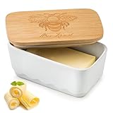 YHOJOY Covered Butter Dish for Countertop, Ceramic Butter Dish with Wooden Lid Airtight Butter Holder Container, Vintage HoneyBee Kitchen Decor, White