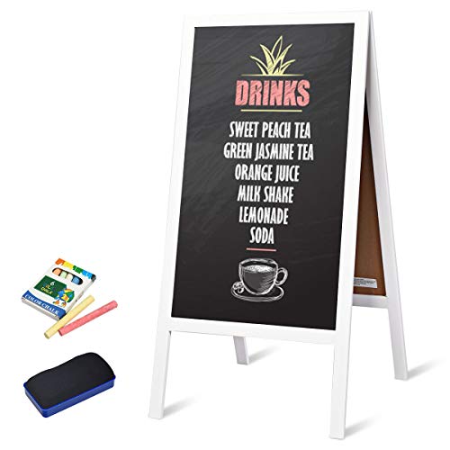 COSTWAY A Board Chalkboard, Double Sided Magnetic Blackboard Easel with Chalkboard Eraser and A Box of Colored Chalks, Wooden Advertising Whiteboard Pavement Sign for Home Cafe Restaurant (White)