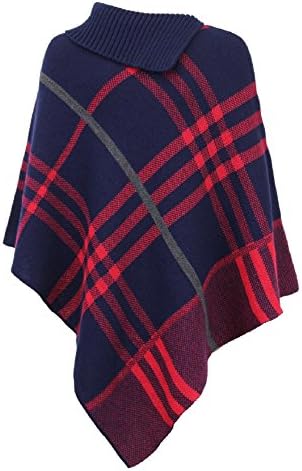 JZ Clothes Women's Checked Knitted Winter Poncho Red Band Wrap Shawl Cape