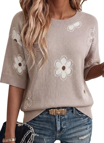 Dokotoo Short Sleeve Sweaters Womens Crewneck Floral Pullover Sweater Cute Summer Tops for Women Trendy Blouses Business Casual Outfits Soft Cotton Women Fashion Clothing Gray M