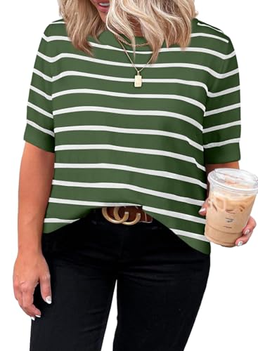 Image of Eytino Women Plus Size Sweater Tops Short Sleeve Crewneck Striped Tshirts Casual Summer Blouses Shirts(1X-5X)